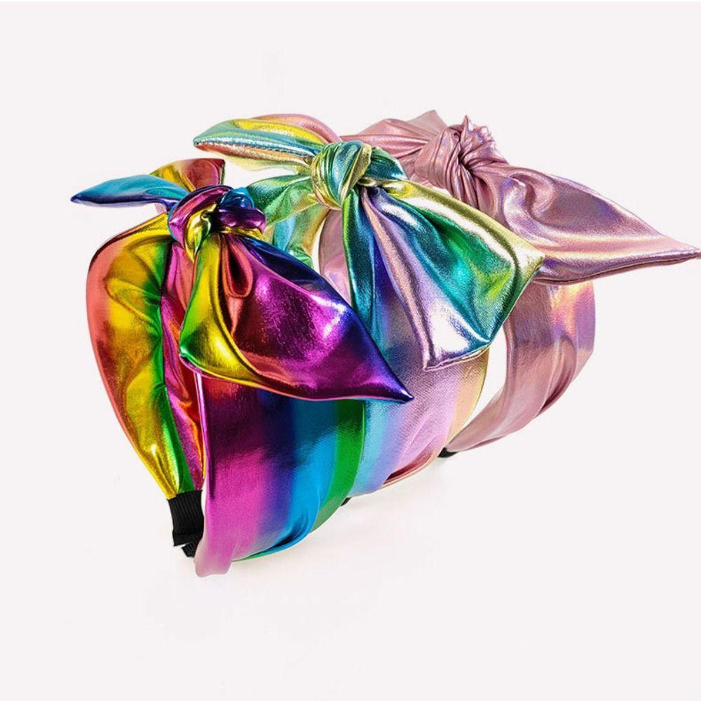 Metallic Wide Top Knot Hair Hoop Shiny Holographic Metallic Bow Headband Hair Accessory For Women