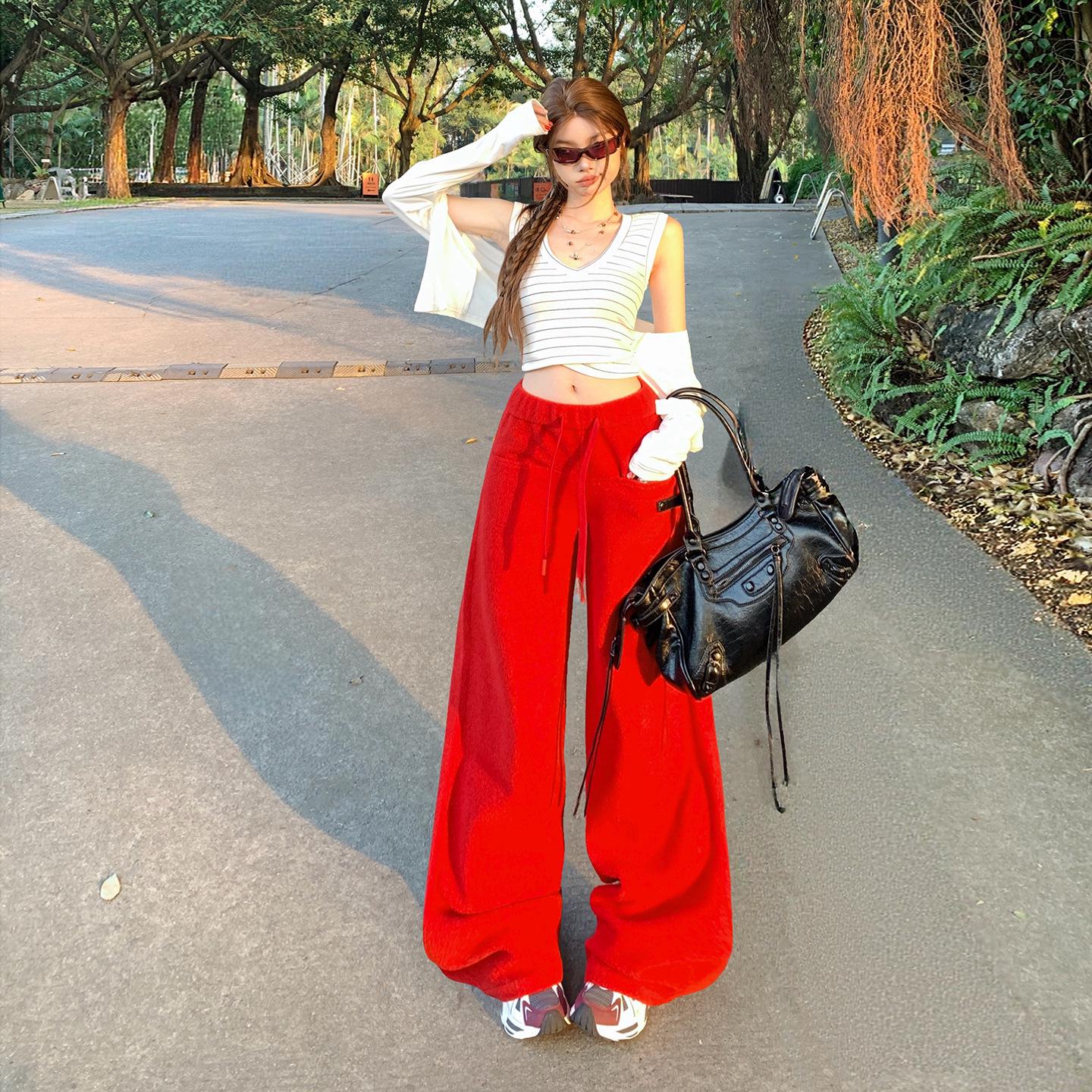 Women s Red High-Waisted Wide-Leg Spring 2026 Casual Sports Pants Extra Large