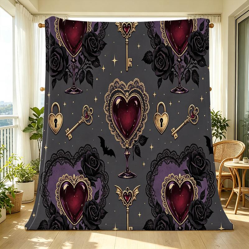 Soft Warm Flannel Blanket Dark Magic Lock & Heart Pattern, Skin-friendly Breathable Throw for Home, Couch, Travel, Dorm, Valentine’s Day Gift