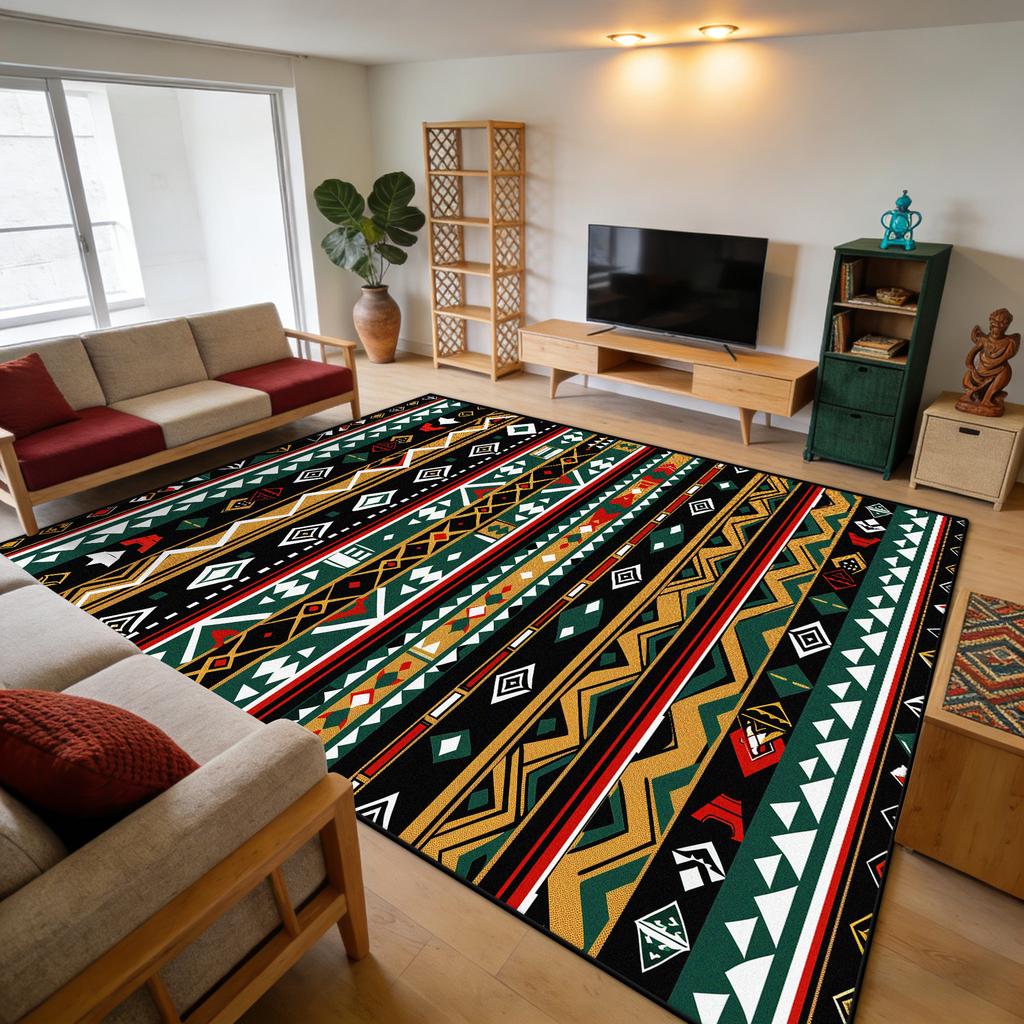 Retro Ethnic Geometry Dark toned Fluffy Carpet Decoration Bedroom Living Room Non-slip Soft Rug Large Area Easy Clean Floor Mats
