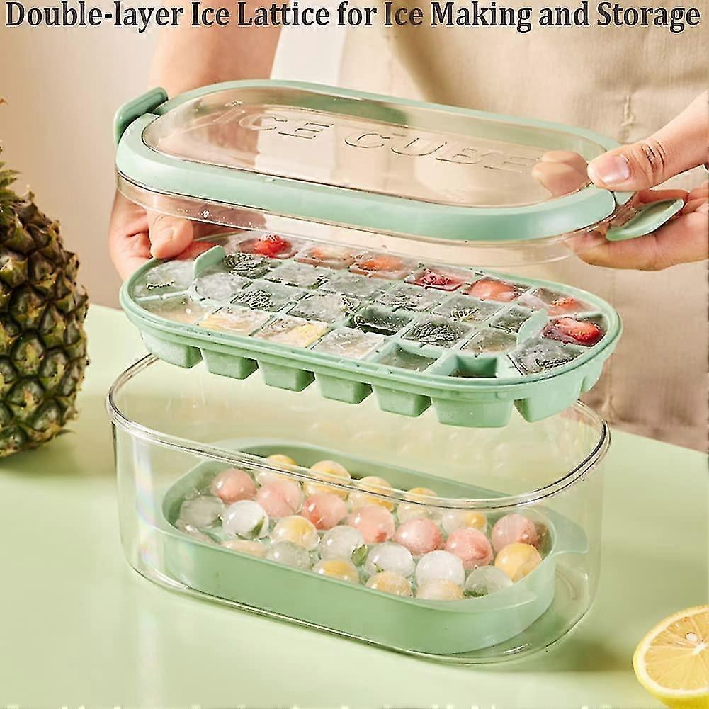 Ice Cube Tray With Lid, 2 Tiers Ice Cube Moulds Round And Square Ice Tray With Hidden Handle, Ice Cube Maker With Storage Ice Box