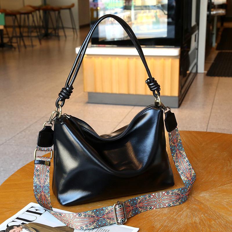 Genuine leather women's bag Korean version versatile first layer cowhide women's underarm wide shoulder strap single shoulder soft leather bucket bag