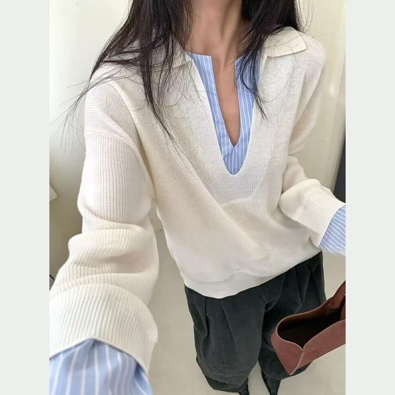 Polo-Kragen gestreifter Spleiß-Fake-Zweiteiler-Pullover Damen Herbst und Winter neu Old-Money-Stil hochwertiger Unterzieh-Strickpullover
