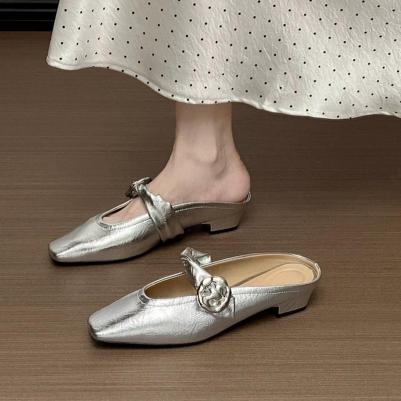 Low-heeled Slippers Autumn New Square-toe Shallow-mouth Metal Buckle One-band Soft-sole Non-slip Block Heel Shoes