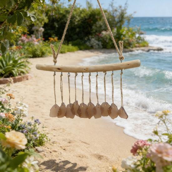 Handmade Sea Glass Wind Chimes for Outside Coastal Style Hanging Wind Chime with Wooden Hanger for Home Wall Garden Decor Gifts for Mom Women