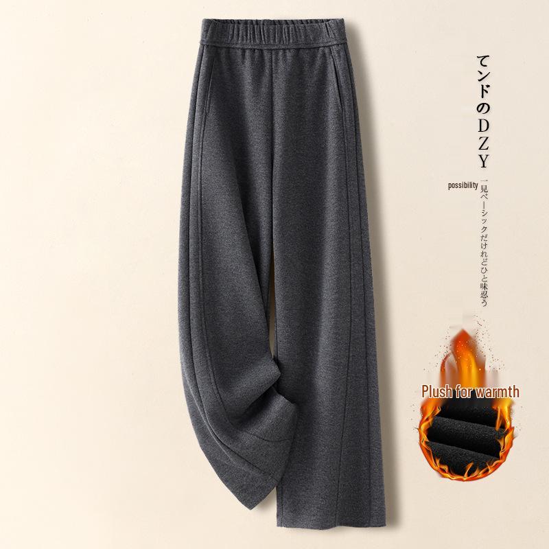 Women's Fleece-Lined Grey Cashmere Wide-Leg Pants: Autumn/Winter 2024 Trendy Wool Blend Style.
