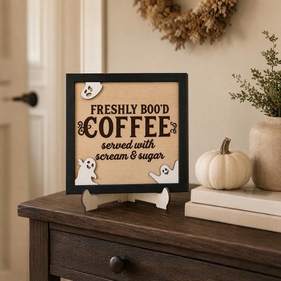 Holiday Atmosphere Home Decor Halloween Wooden Coffee Photo Frame, Retro Distressed Sign for Decorative Holder Countertop Decor, Rustic Autumn