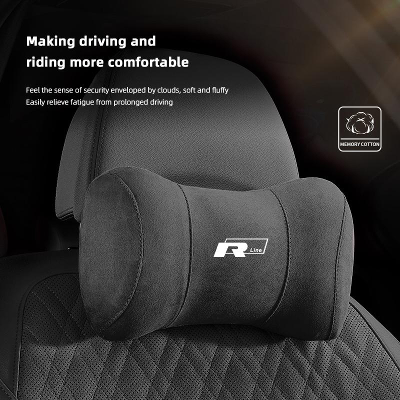 Suede Headrest Car Breathable Memory Foam Neck Pillow For VW Jetta Golf Passat Polo CC Tiguan Arteon Touareg Taigo Caddy Hub Cap EF1