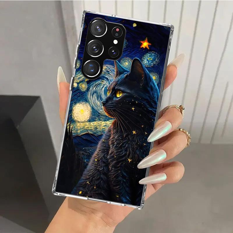 Schwarze Katze Cartoon Niedliche Handyhülle für Samsung Galaxy S26 S24 S23 Ultra S25 Edge S22 S21 Plus S20 FE + Weiche Druckschale Funda Gal