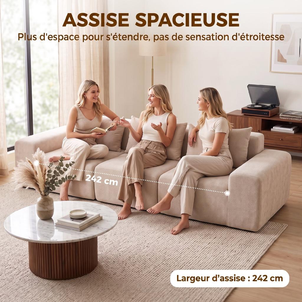 Chenille Sofa, 3-Seater, 320 cm, Modular, Extra-Wide Seat and Armrests, Beige