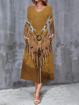 Nouvelle Robe Casual Mode Femme Automne Hiver 2025 Automne Impression Rétro 3D Manches Longues Col en V Robes Coupe A