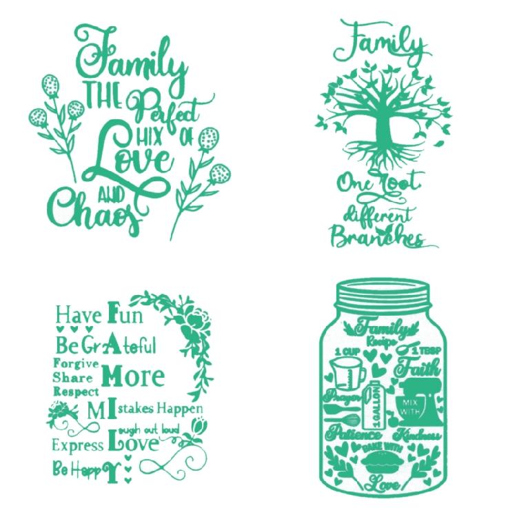 Estênceis de Serigrafia Tema Família 20x20cm Laváveis para Camisetas Artesanais Fabricação de Joias Impressão em Argila Tecido