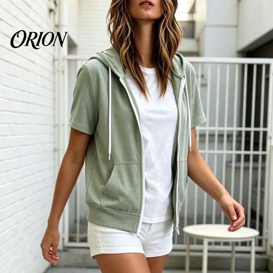 Sudadera Ligera con Capucha para Mujer, Manga Corta, Cremallera, Sudadera Casual con Cordón para Verano, Chaqueta con Capucha y Bolsillos, Suave para Verano