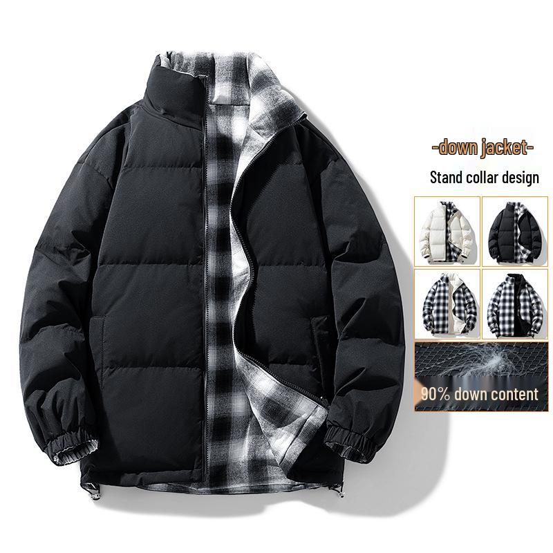 2025 Men's Water-Repellent Winter Down Jacket, Warm Stand Collar, Double-Sided Plaid Puffer