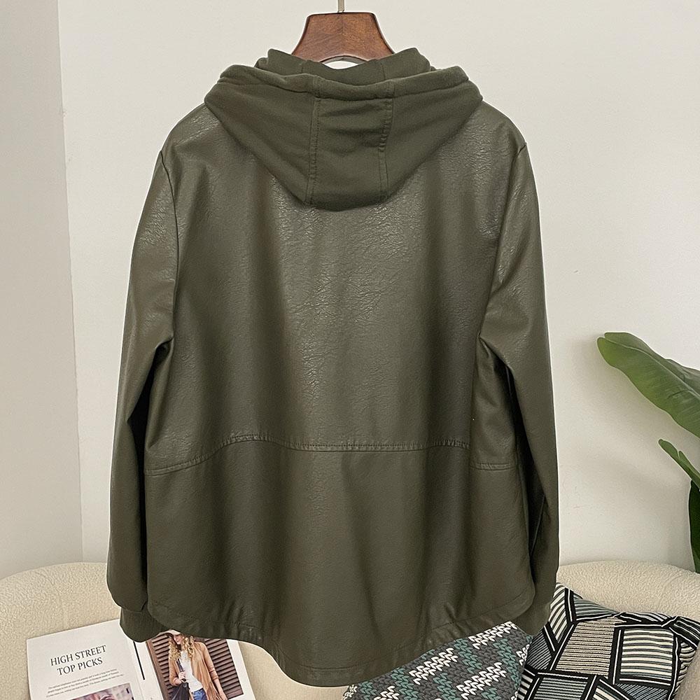 OFTBUY Femmes À Capuche Vintage Ample PU Faux Cuir Chapeau Veste Courte Décontractée Veste de Moto Féminine Zippée Rétro Moto Biker Manteau Vêtements d'Extérieur Hauts