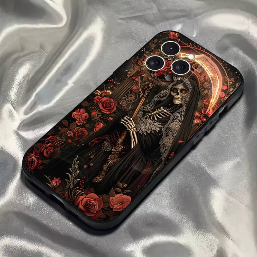 Santa Muerte Art Phone Case For iPhone 16,15,14,13,12,11,Pro,Max,Plus,X,XS,SE4,E,Mini,Soft Black Case