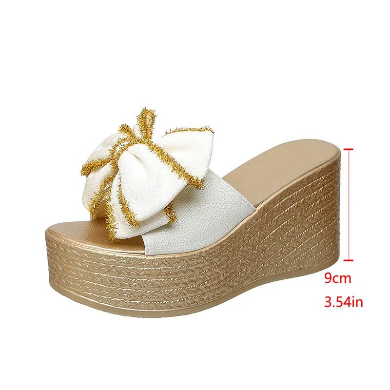 Fashion Street Bow Knot Chunky Platform Slippers Women Fashion Round Toe High Heel Sandals Woman Plus Size Wear-Resistant Slides Mujer