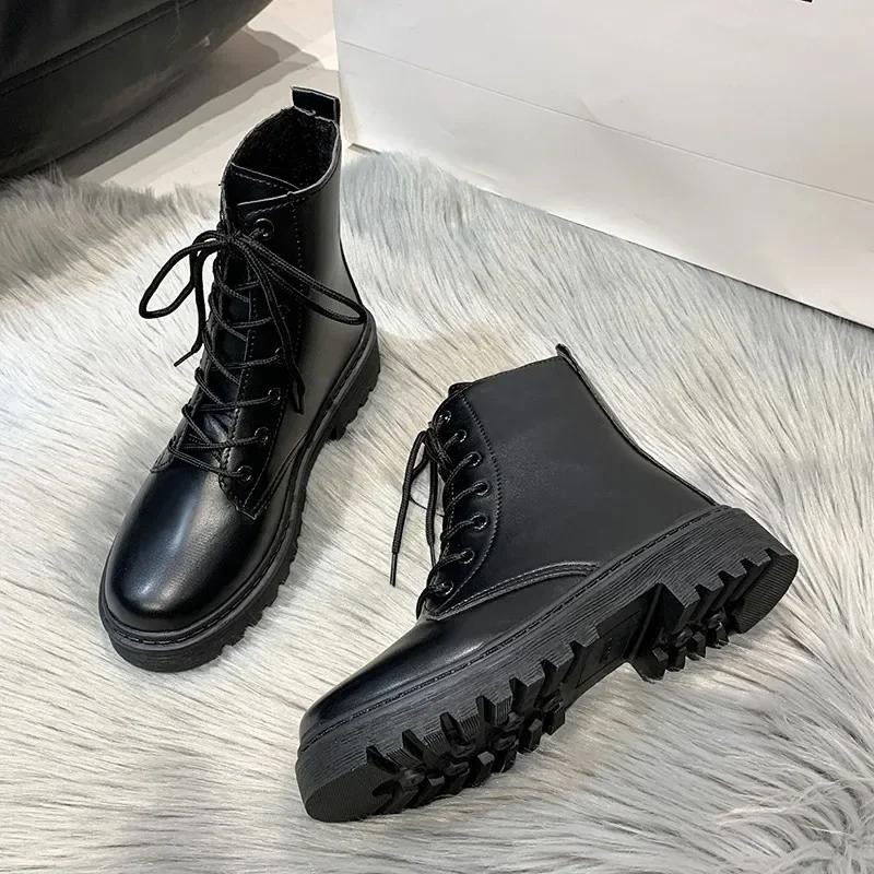 Damen Stiefeletten Herbst Neu Damenmode Britischer Stil Schwarz Lässig PU Kleiderschuhe Damen Motorradstiefel