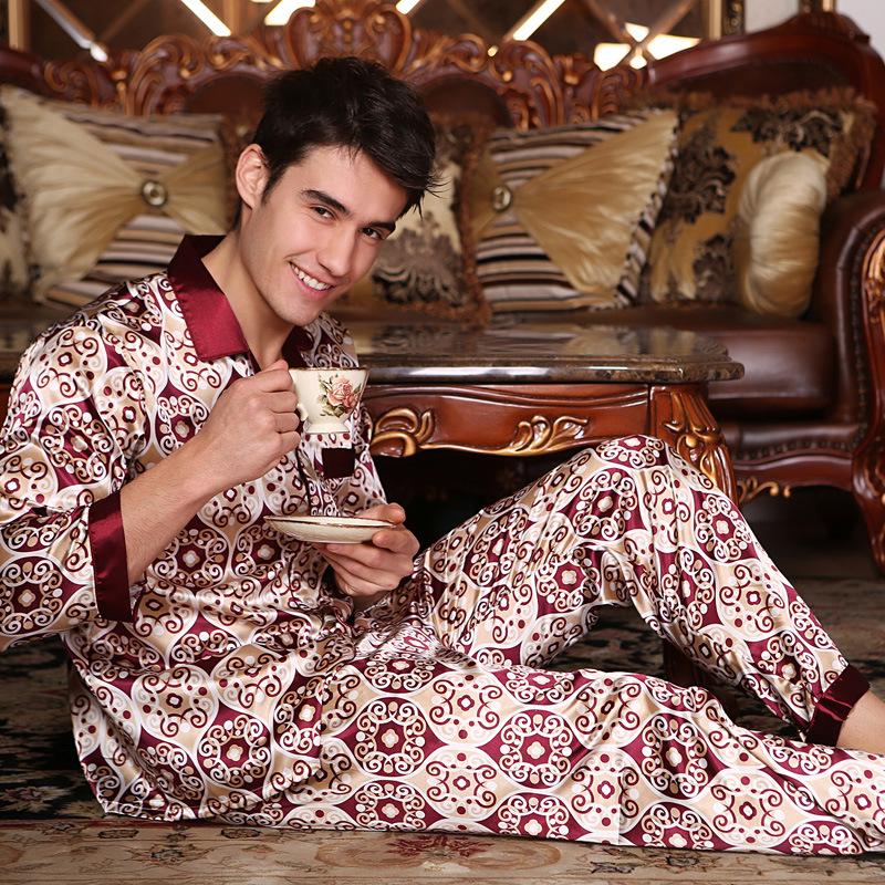 Men's Silk Long Sleeve Pajamas Set: Spring to Autumn, Lightweight, Loose, and Comfortable Homewear.