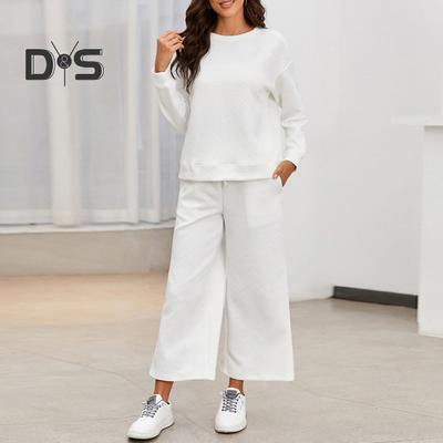 Ensemble 2 pièces haut et pantalon pour femme, col rond, manches longues, texturé, couleur unie, sweat-shirt, cordon de serrage, taille élastique, pantalon large, tenue quotidienne, sport