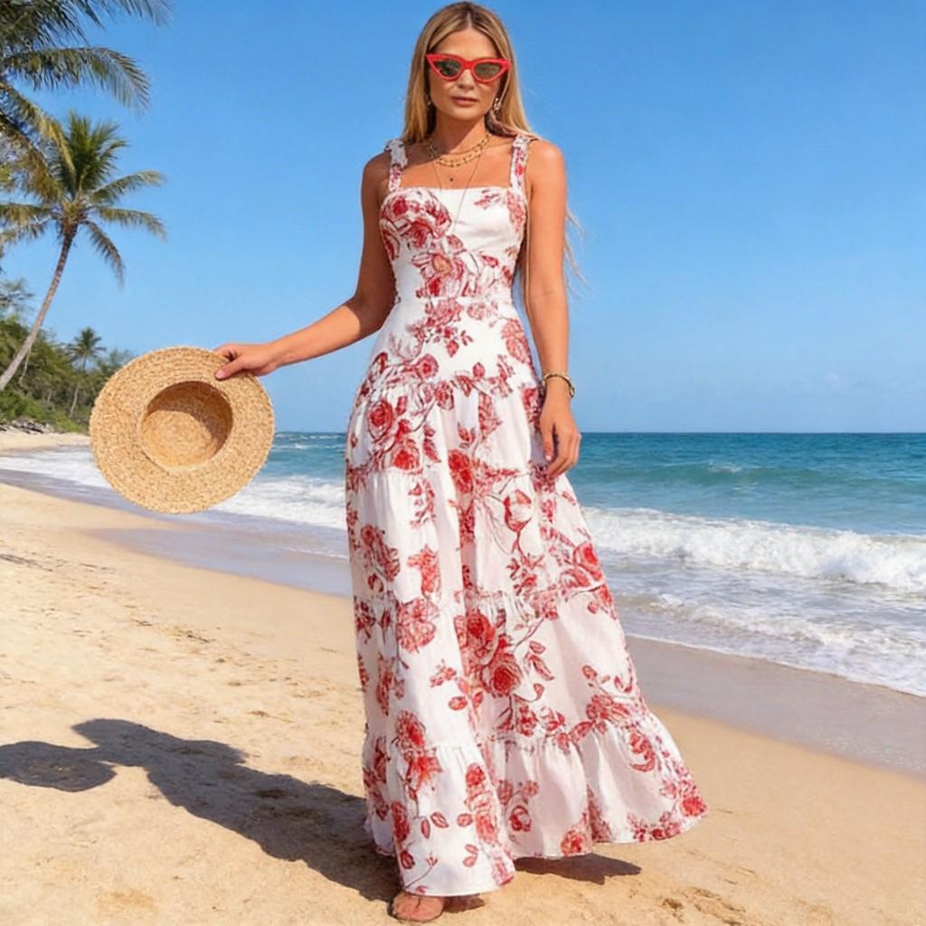 Summer Printed Sleeveless Maxi Dress With Cotton Blend Fabric For Beach Vacation