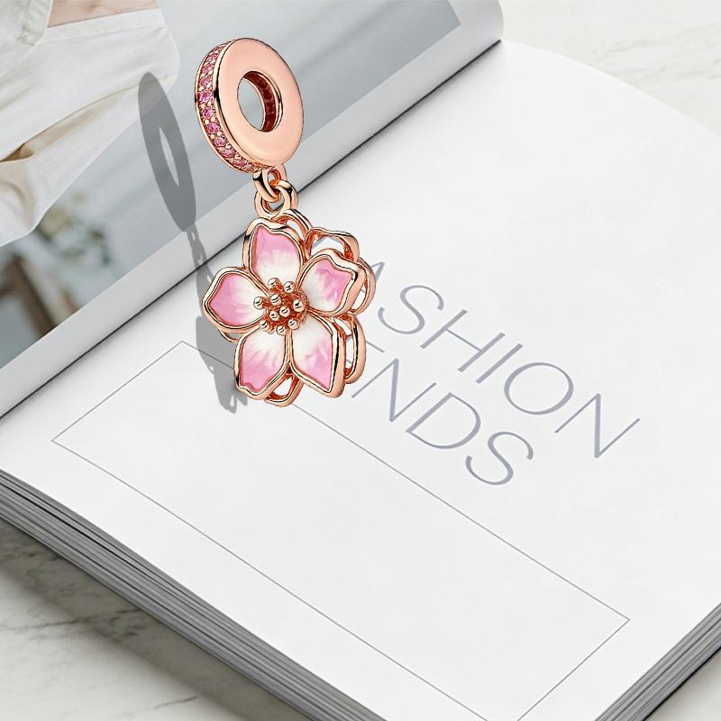 Original Charm Beads,Rose Gold Series,Pink Daisy&Openwork Pink Daisy Flower Charm Beads Fit Pendant Bracelet Women Jewelry Gift
