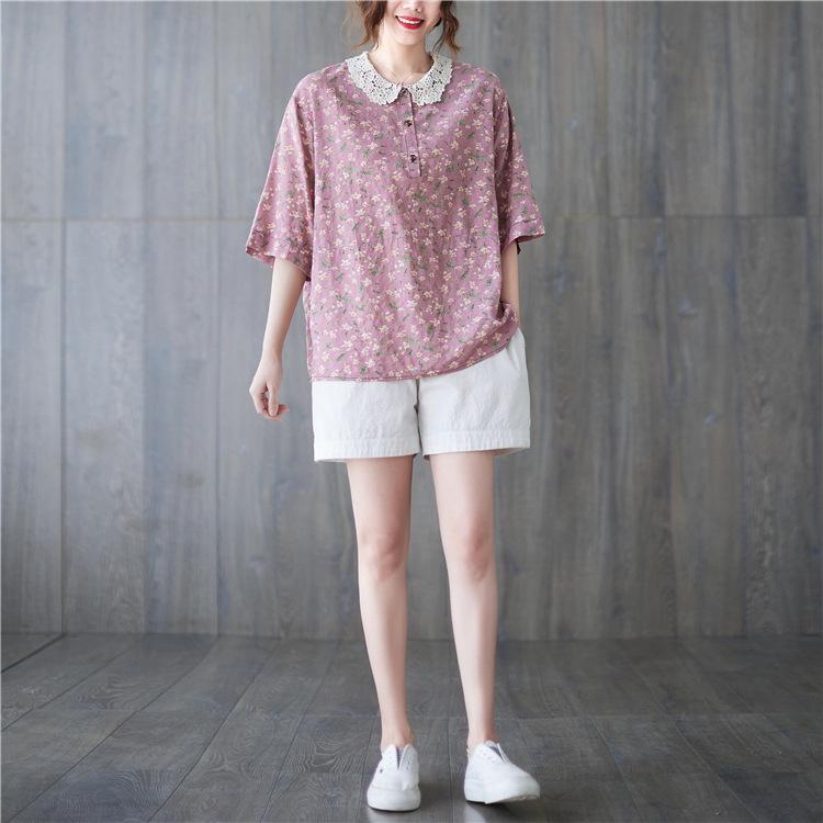 

Летняя женская повседневная приталенная футболка из хлопка и льна с цветочным кружевным воротником большого размера 2023 Plus Size розовый
