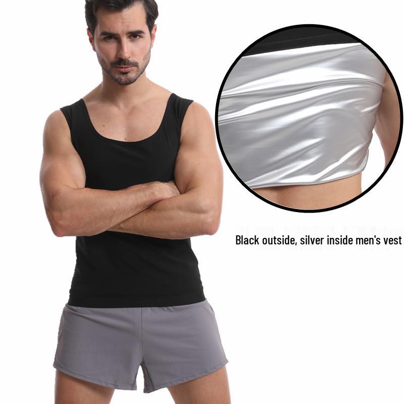 Men's Silver-Coated PU Sauna Suit: Body Shaper Sweat-Inducing Tight-Fit Short-Sleeve Vest for Abdomen Control.