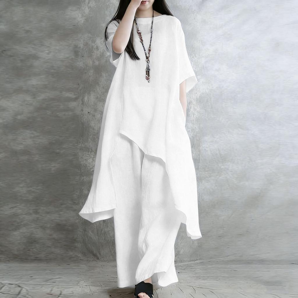 Women's Fashionable Loose-Fit Short-Sleeve Top + High-Waisted Wide-Leg Pants Casual Two-Piece Set