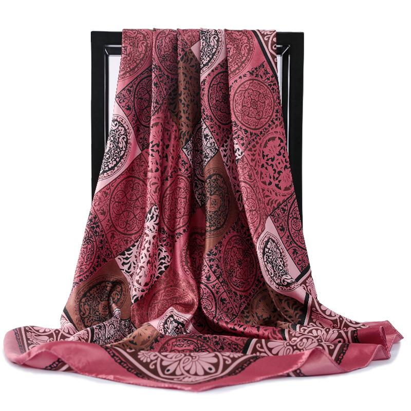 Fashion Hijab Scarf For Women Silk Satin Print Kerchief Head Scarfs Female 90cm*90cm Square Shawls Wraps Neck Scarves For Ladies