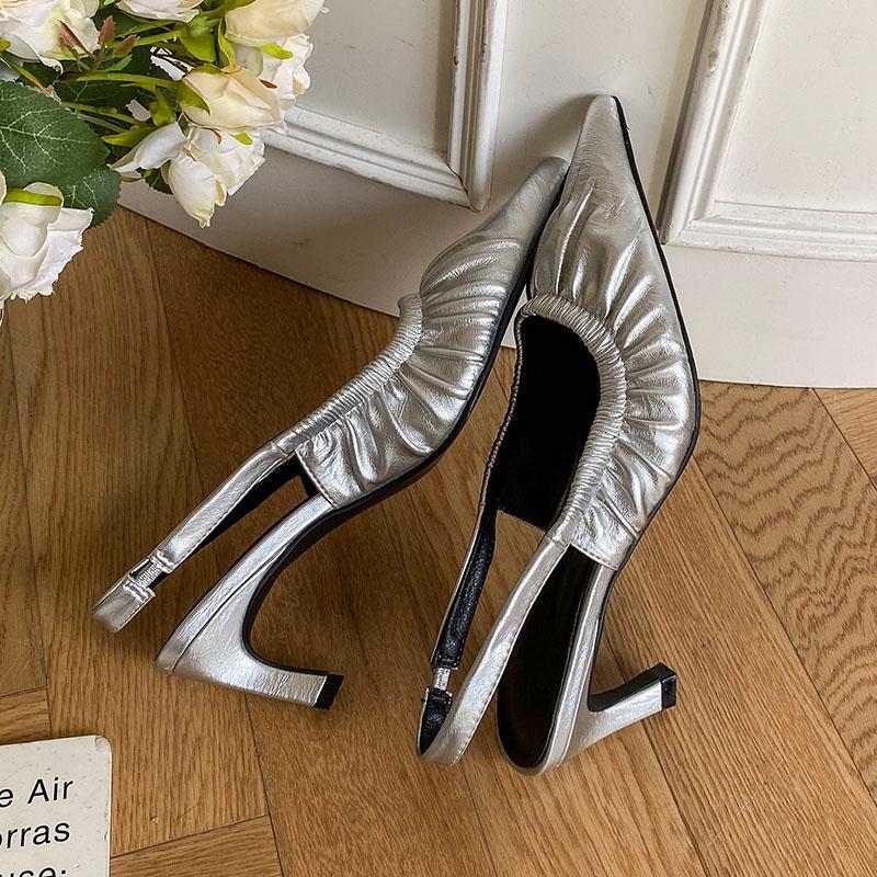 

Женские туфли-лодочки на высоком каблуке с острым носком, Роскошная женская обувь с ремешком на пятке, Обувь без застежки, Женские туфли на каблуке, Новинка 2025 35 серебряный