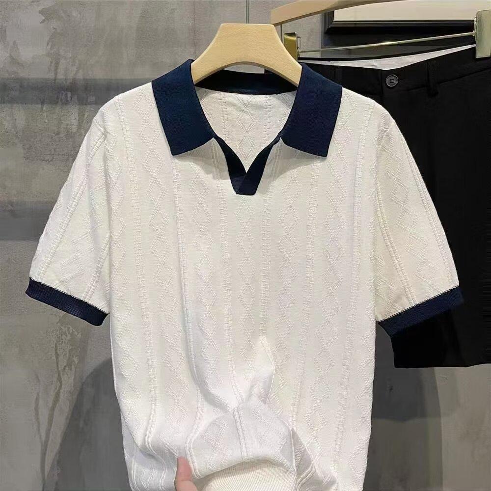 

Мужская летняя трикотажная рубашка-поло Slim Fit - корейский стиль, короткий рукав, чистый цвет, Ice Silk с повседневным лацканом 2XL белый