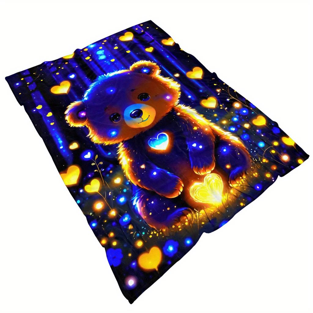 Glow-in-the-Dark Blue Bear Flannel Blanket - Soft & Lightweight for Sofa/Bed/Travel,Digital Print Cozy Gift for Family & Friends