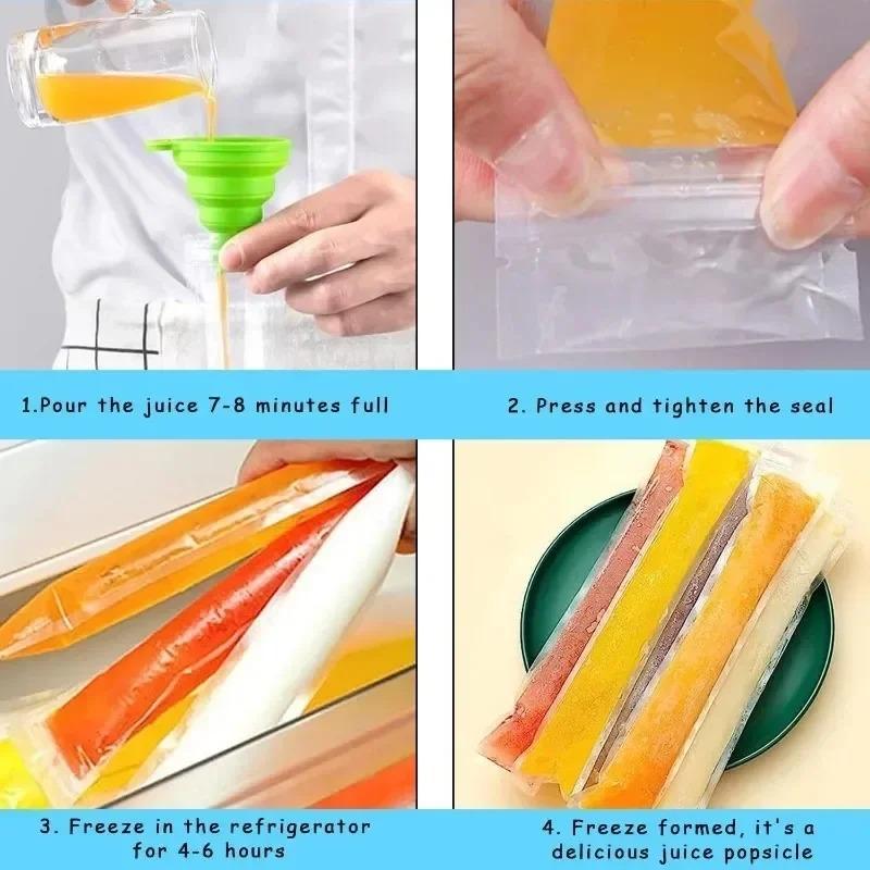 100/60/20 stk engangs ispopformpose Stor fryseispinne forseglede poser DIY Juice Yoghurt Smoothie Bag med trakt iskremverktøy