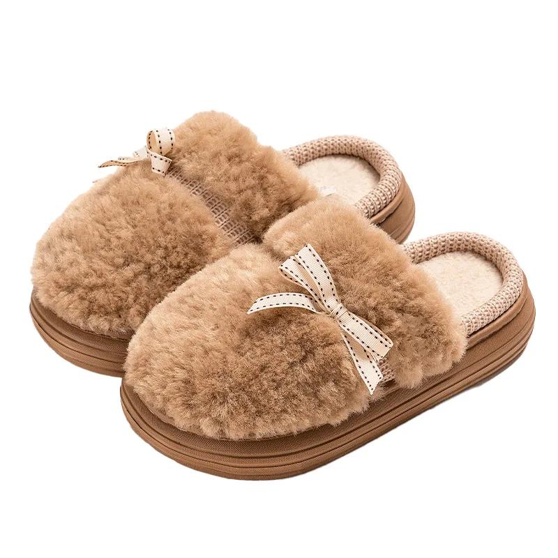 

Fashion Platform Fluffy Slippers Women House Flats Cute Bowknot Designer Winter Shoes Girls Fashion Plush Casual Footwear Elegant Indoor 40-41 коричневый