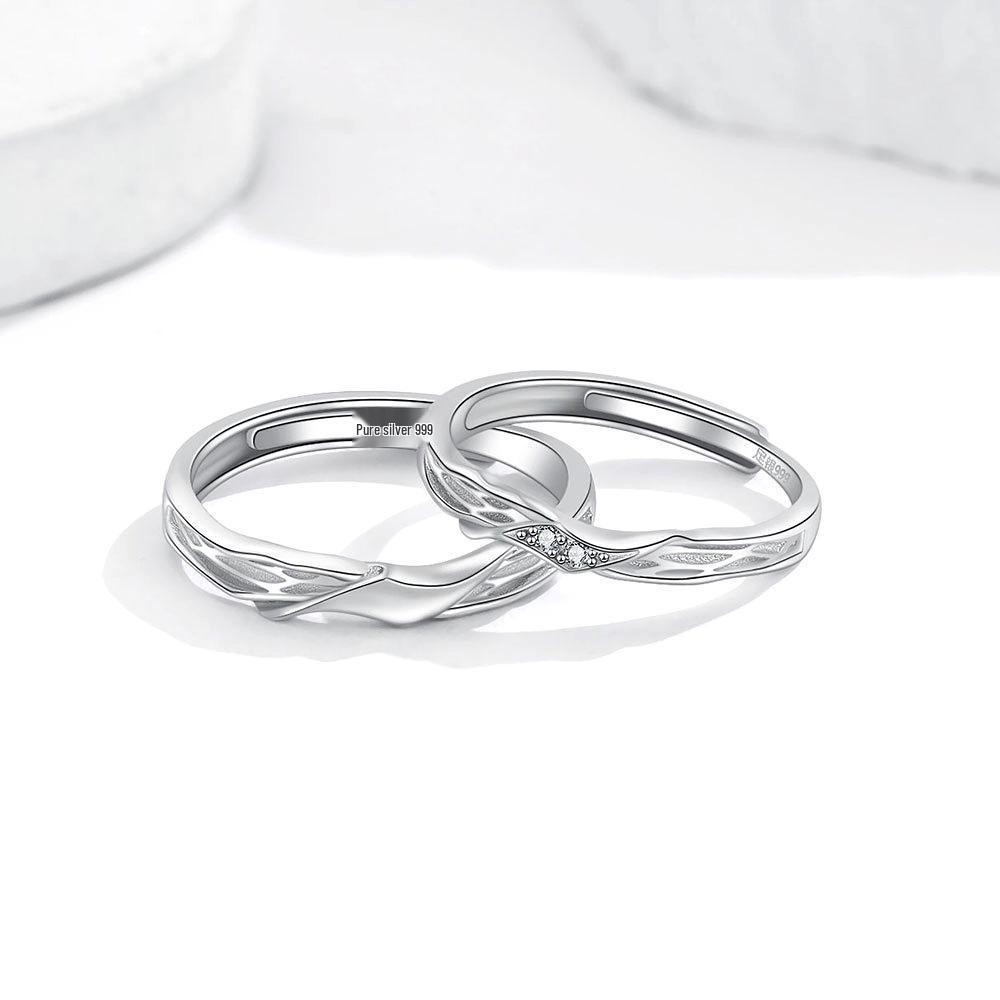Sterling Silver Couple Rings: Twisted Pattern, Diamond Inlay, Open Design – Perfect for Anniversaries.