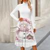Women's Casual Fashion High Neck Long Sleeve Print Midi Dress