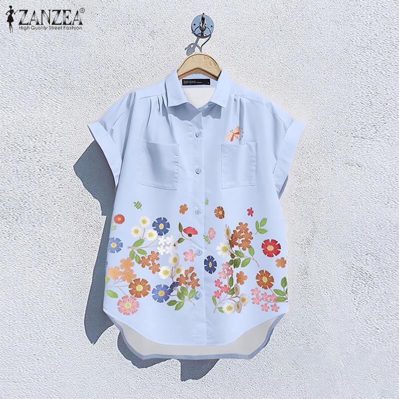 ZANZEA Women Casual Turn Down Collar Summer Short Sleeve Floral Blouse