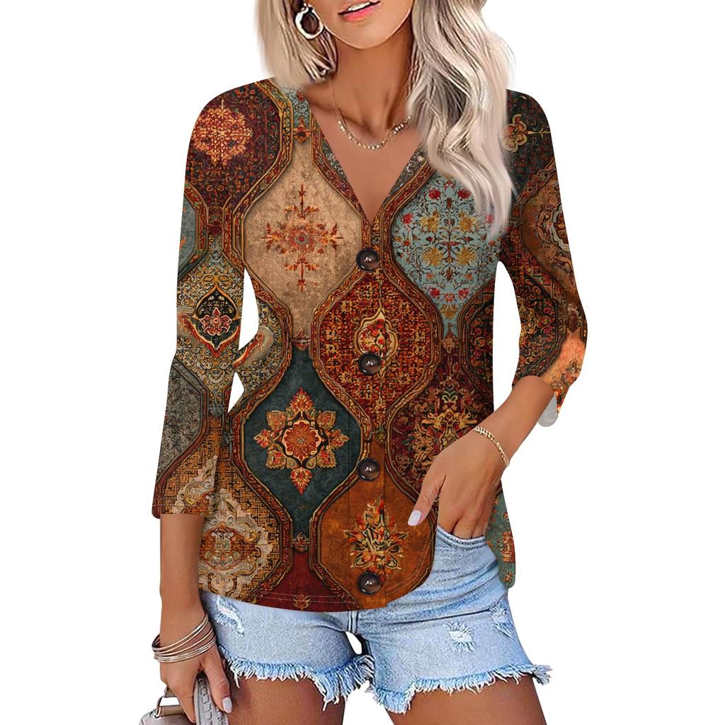 Dámská módní ležérní košile s potiskem na knoflíky, 3/4 dlouhý rukáv