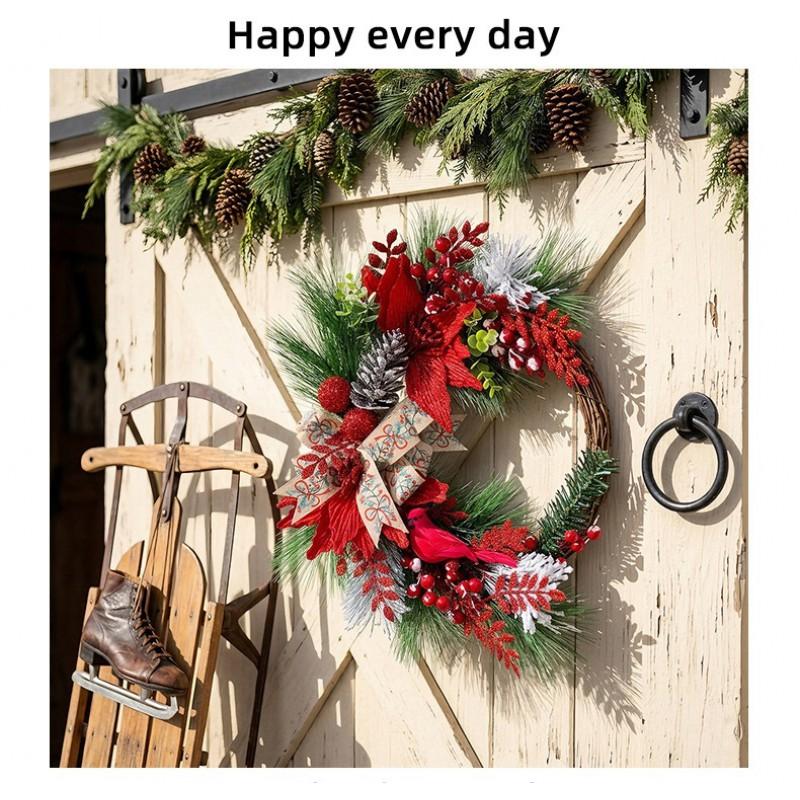 Christmas Artificial Pine Garland With Red Berries Cardinal Bird Wall Hanging Decor Holiday Home Interior