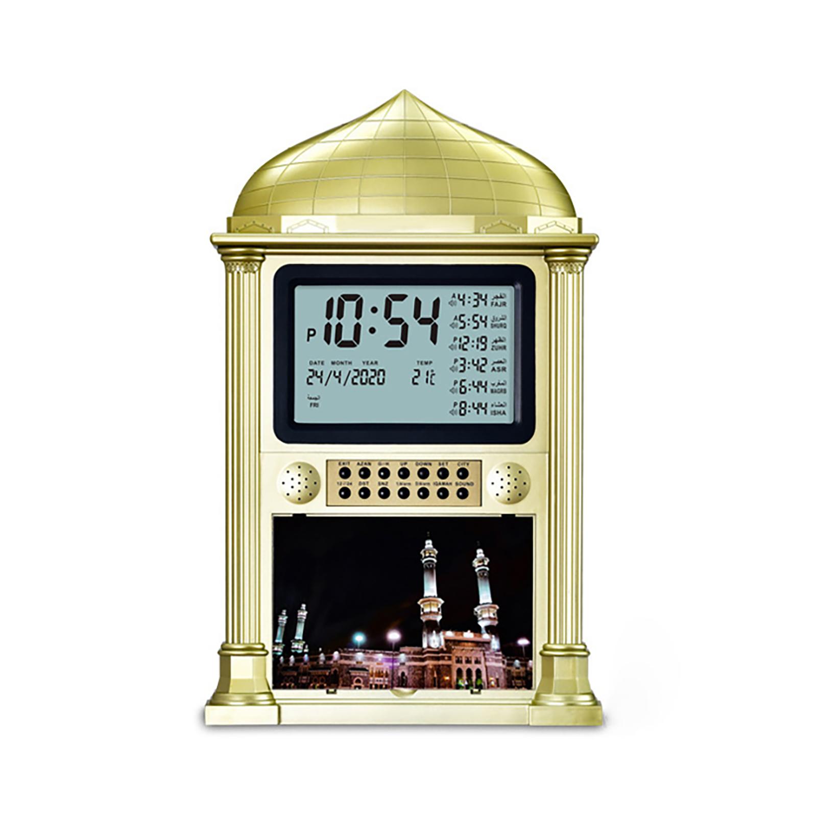 Azan Clock With LCD Display Wall Clock, Calendar, Temperature, 5 Prayer Times, 5 Minutes Snooze Time Memory Function Alarm Clock For Home gold#0