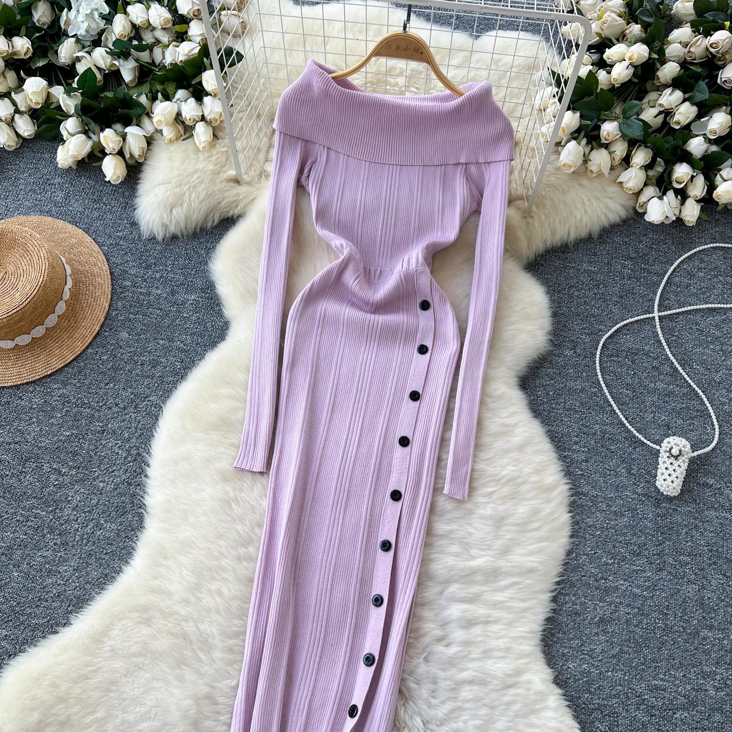 Трикотажные длинные платья для женщин с вырезом-лодочкой и открытыми плечами — фото 8