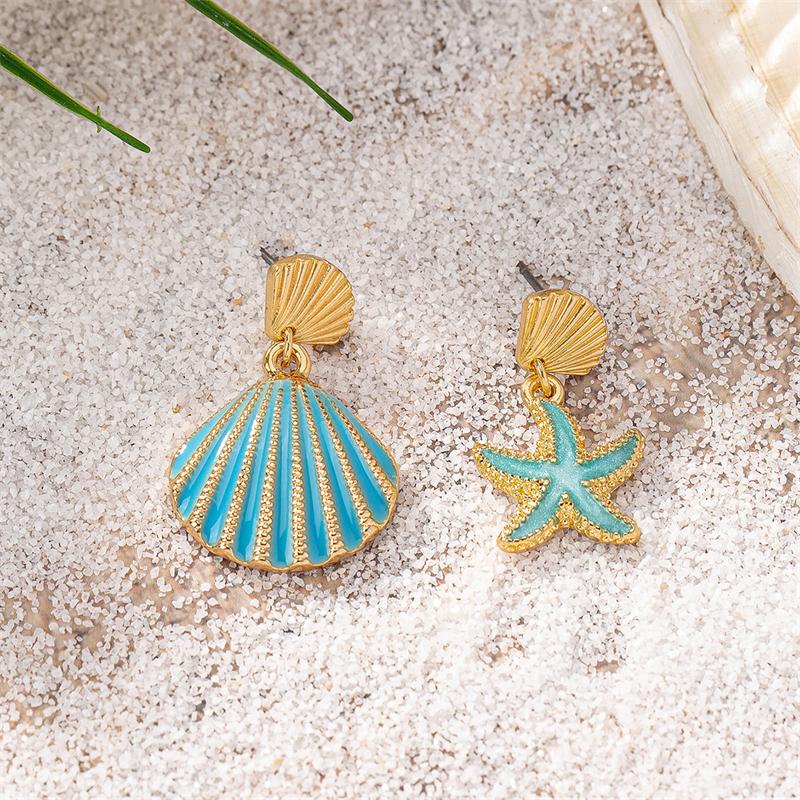 Orecchini Asimmetrici Estivi da Spiaggia con Conchiglia di Metallo, Stella Marina e Smalto Dolce, Orecchini Pendenti a Forma di Conchiglia, Gioielli Regalo per le Vacanze per Ragazze