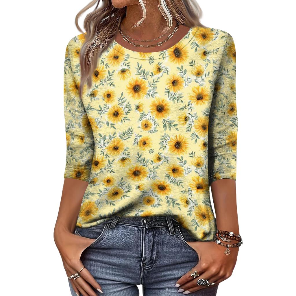 Women's Fashion Casual Round Neck 3/4 Sleeve Loose Printed T-Shirt Ladies Top