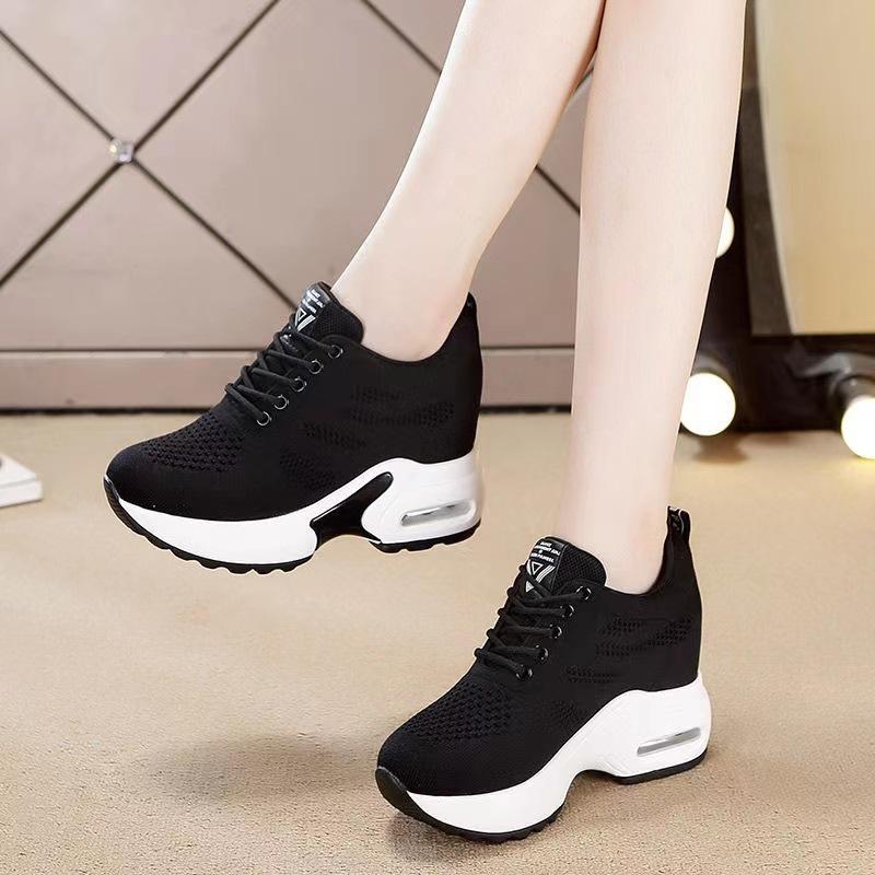 

Black Mesh Breathable Knitted High Wedge Platform Sneakers Height Increasing Vulcanized Casual Shoes for Women Outdoor Daily Wear 35 чёрный