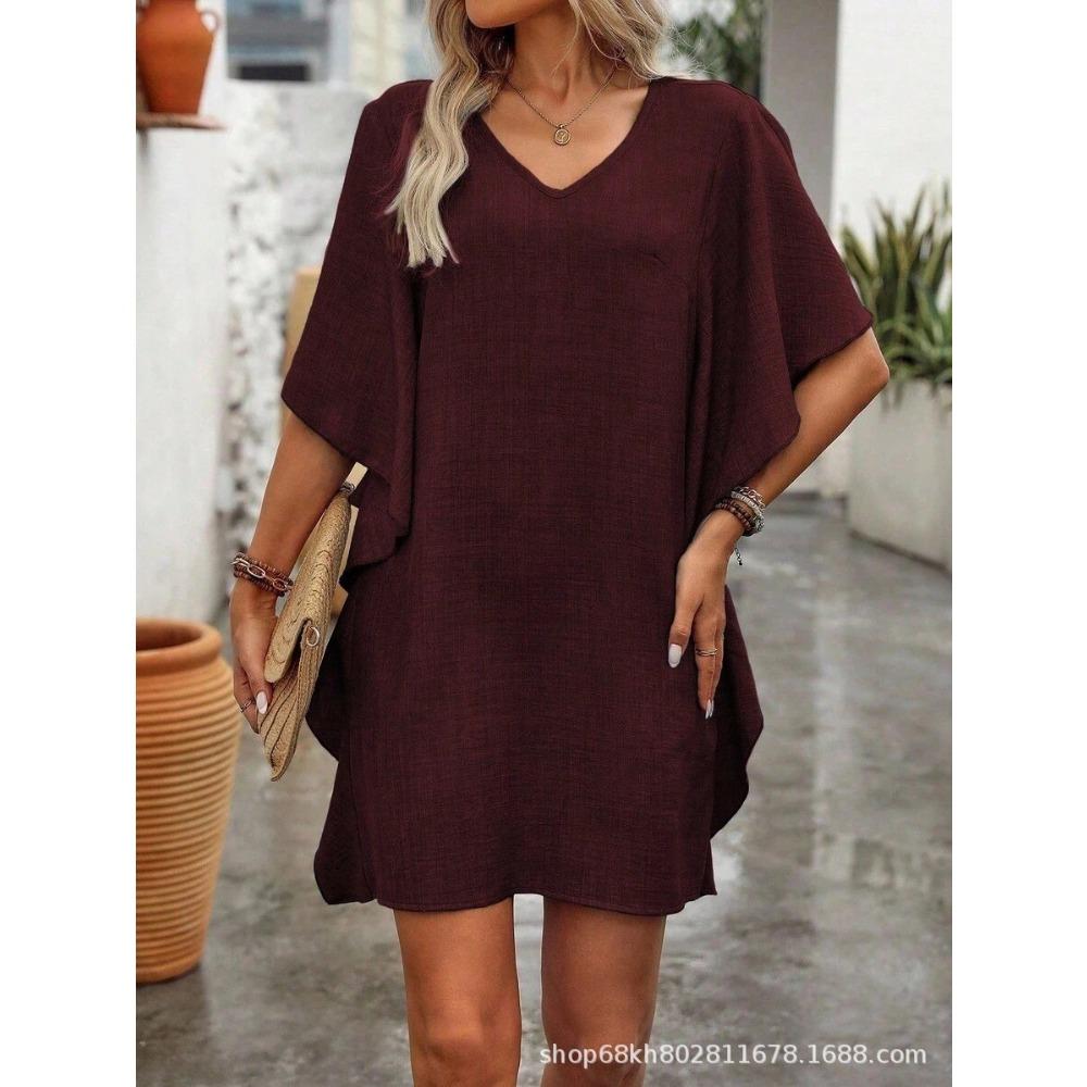 BITCED Fashion Summer Spring Solid Color Print Short Sleeve V-Neck Casual Dresses