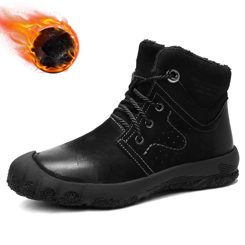 Sněhule Pánské Kožešinové Vodotěsné Protiskluzové Zimní Termální Zesílené Boty s Bavlněnou Výplní Podšívka z Fleecu Pravá Kůže Krátké Boty