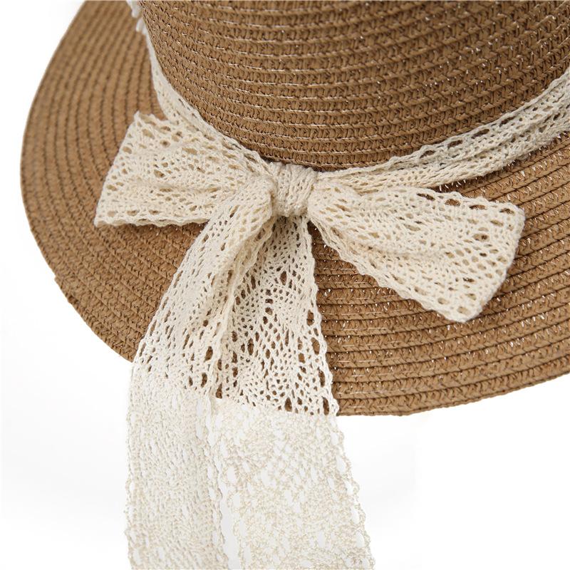 Bow Flat Top Straw Hat Women'S Summer Flower Lace French Top Hat Seaside Sunshade Sunscreen Straw Hat