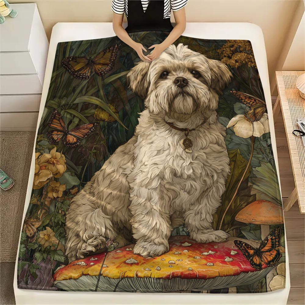 Shih Tzu and grass,pattern Flannel Blanket, High quality Comfortable for All Seasons, Home Decor, Warmth and Comfort, Perfect for Gifts.