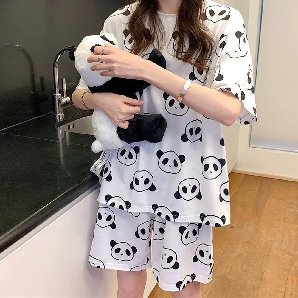 2pcs Cartoon Printed Pajamas Suit Women Summer Short Sleeve T Shirt and Shorts